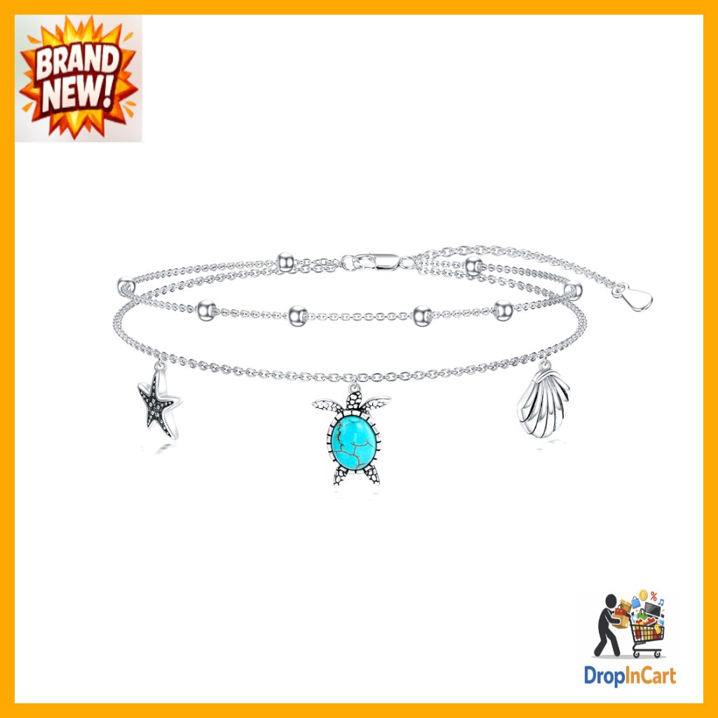 Sterling Silver Turquoise Turtle Anklet Adjustable Layered Beach Jewelry Elegant